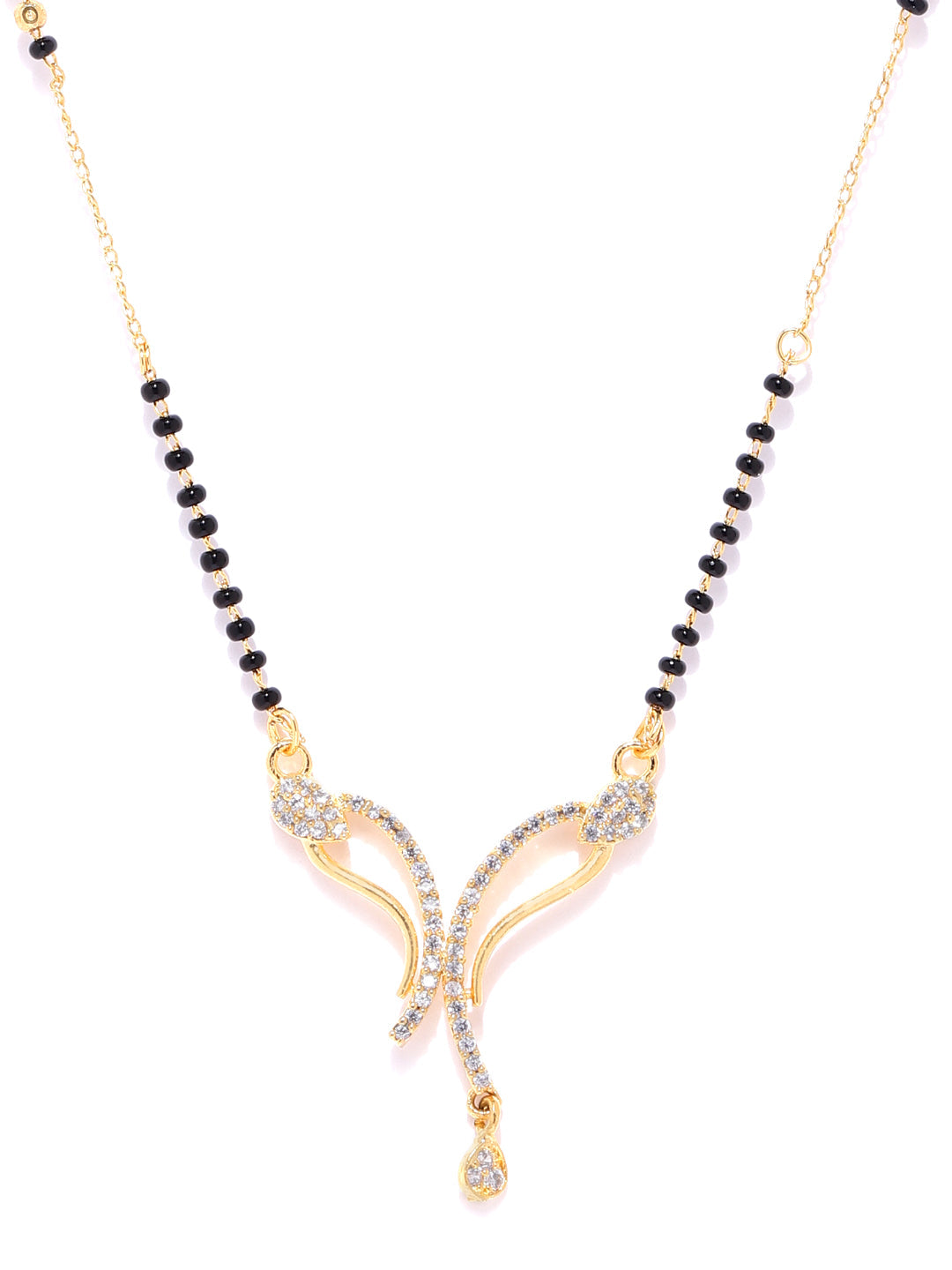 Gold-Plated AD, American Diamond Studded Black Beaded Chain Mangalsutra