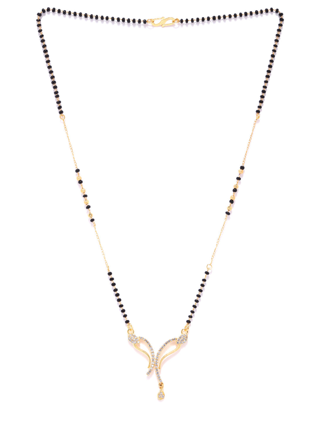 Gold-Plated AD, American Diamond Studded Black Beaded Chain Mangalsutra