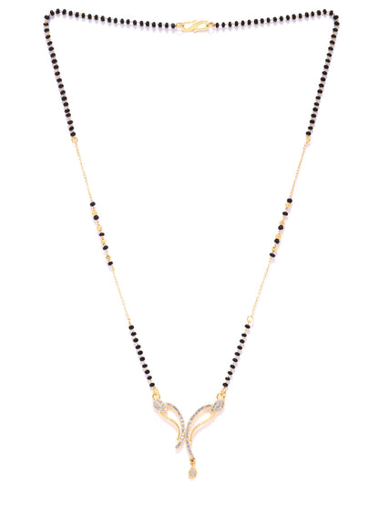 Gold-Plated AD, American Diamond Studded Black Beaded Chain Mangalsutra