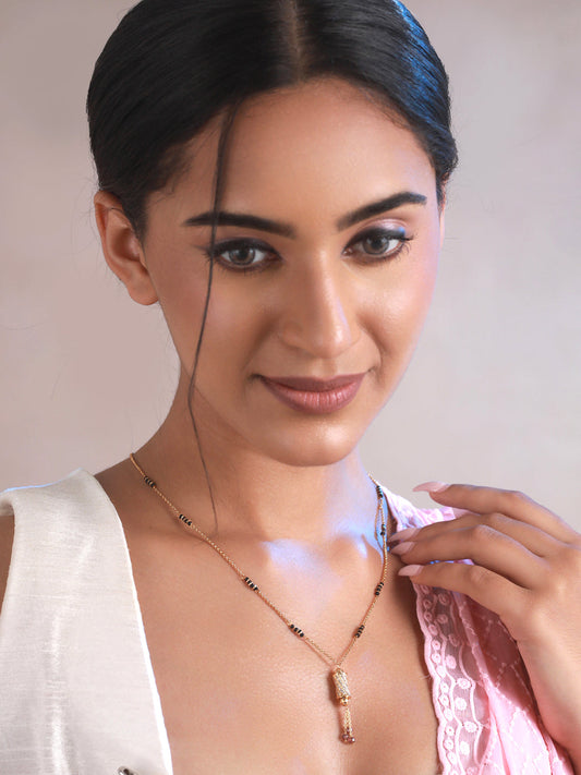 Priyaasi Geometric AD Black Bead Gold-Plated Mangalsutra