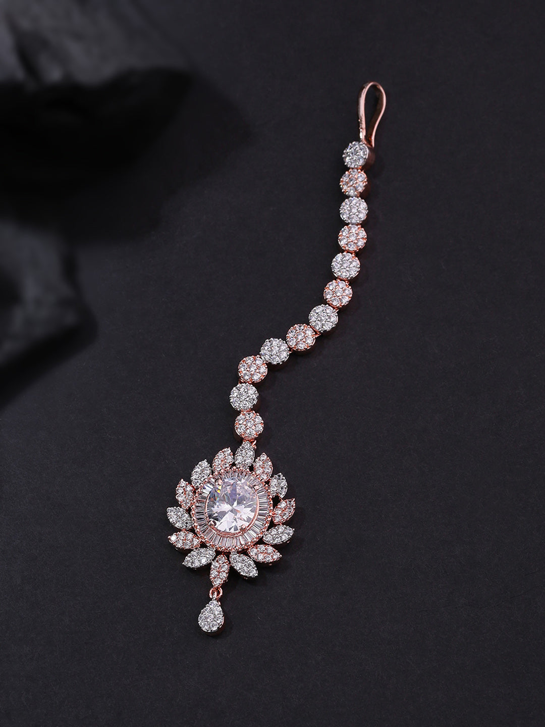 Rose Gold Plated Sparkling American Diamond Studded Floral Shape MaangTikka