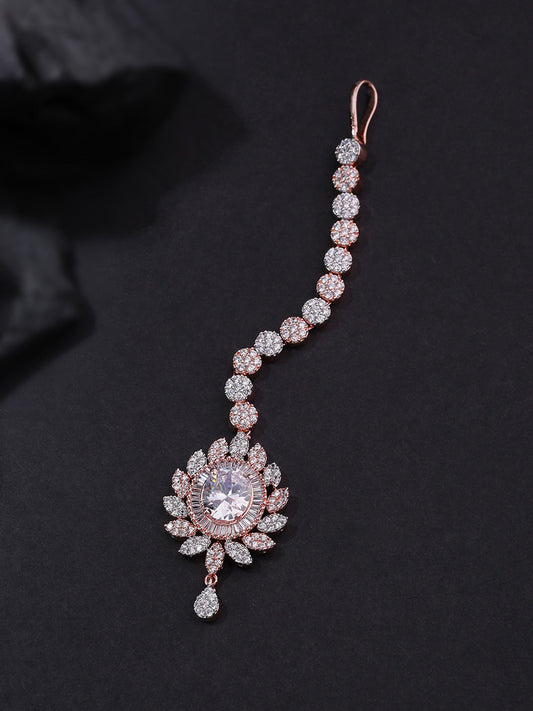 Rose Gold Plated Sparkling American Diamond Studded Floral Shape MaangTikka