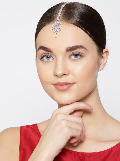 Rose Gold Plated Sparkling American Diamond Studded Floral Shape MaangTikka