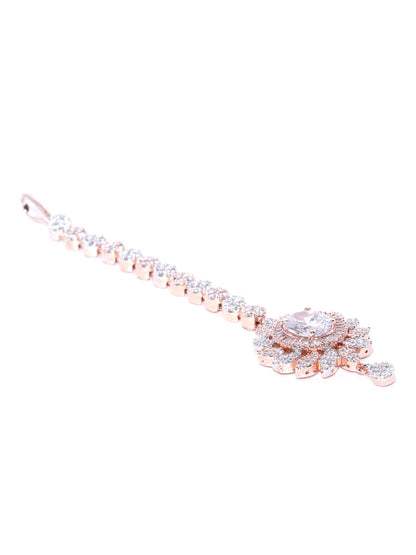 Rose Gold Plated Sparkling American Diamond Studded Floral Shape MaangTikka