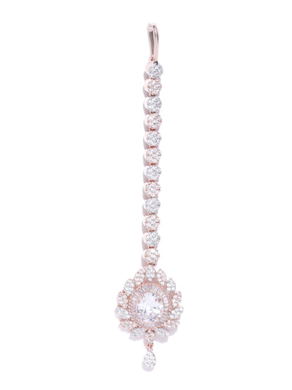 Rose Gold Plated Sparkling American Diamond Studded Floral Shape MaangTikka