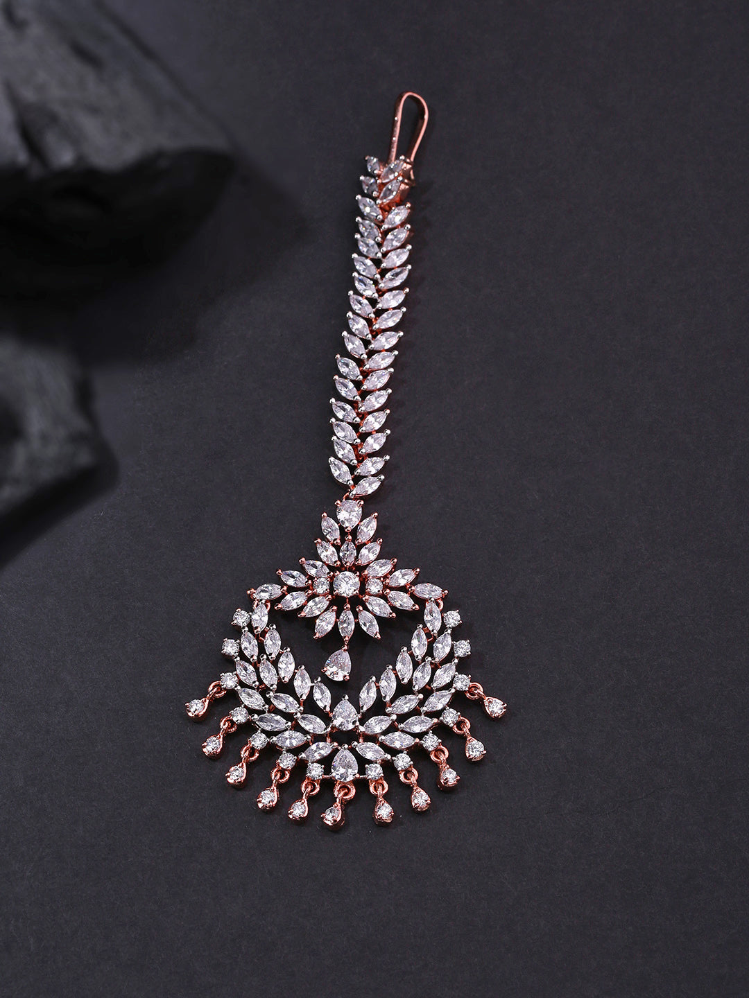 Pixie Dust-Floral Leaf Rose Gold Plated American Diamond Studded MaangTikka