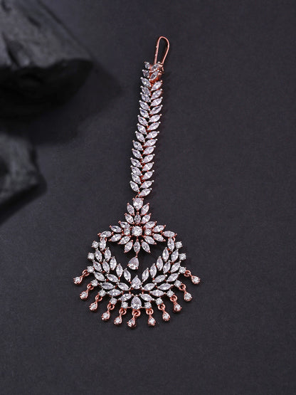 Pixie Dust-Floral Leaf Rose Gold Plated American Diamond Studded MaangTikka