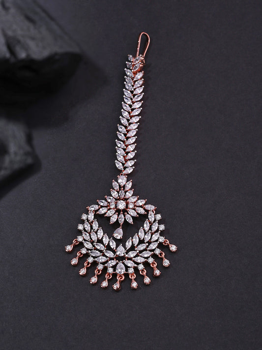 Pixie Dust-Floral Leaf Rose Gold Plated American Diamond Studded MaangTikka
