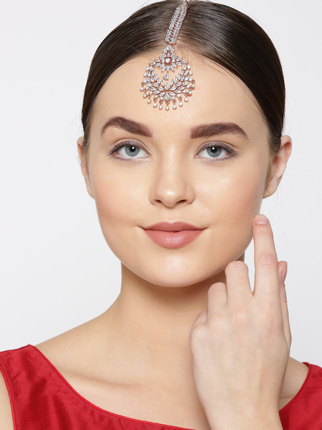 Pixie Dust-Floral Leaf Rose Gold Plated American Diamond Studded MaangTikka