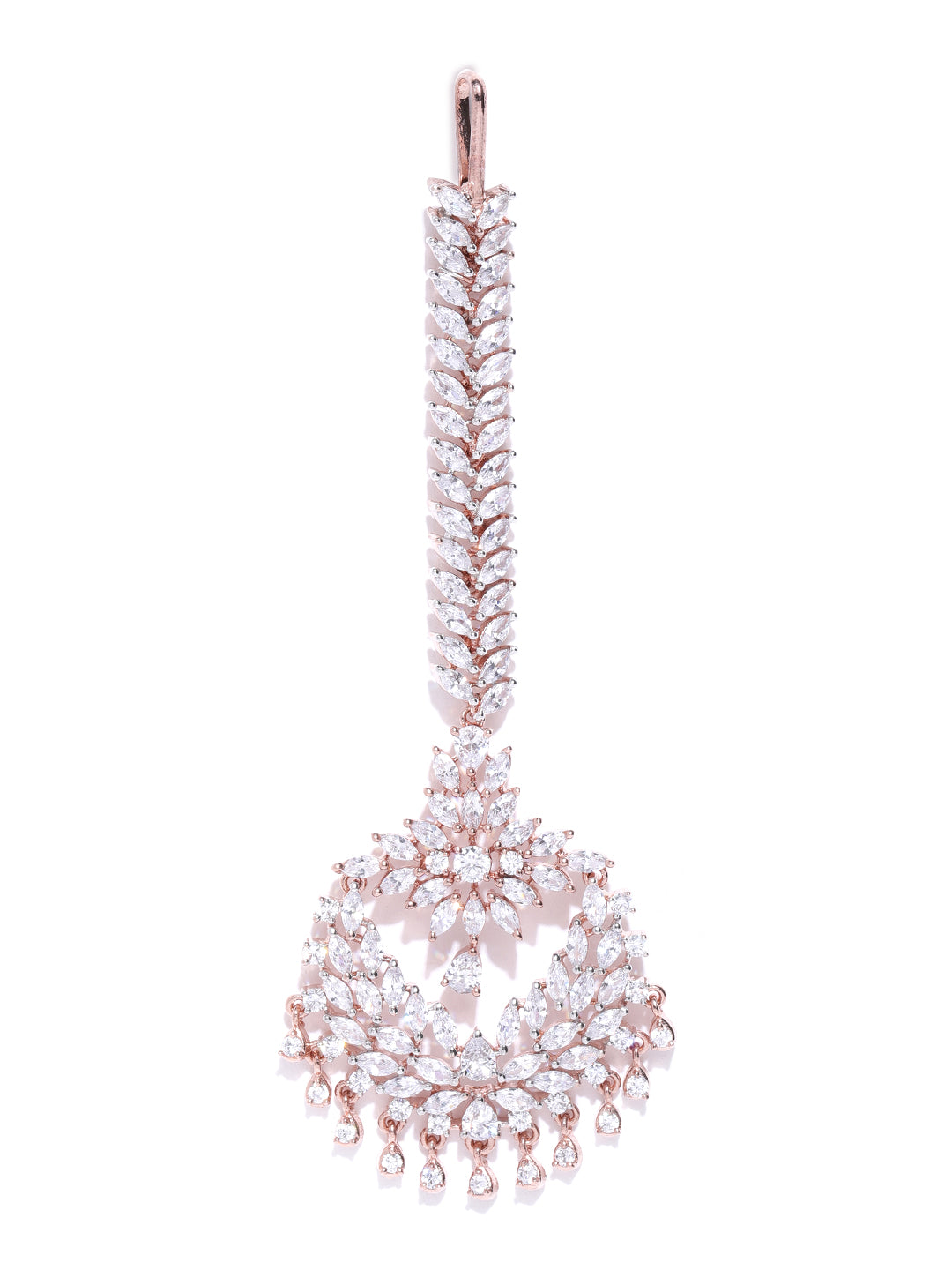 Pixie Dust-Floral Leaf Rose Gold Plated American Diamond Studded MaangTikka