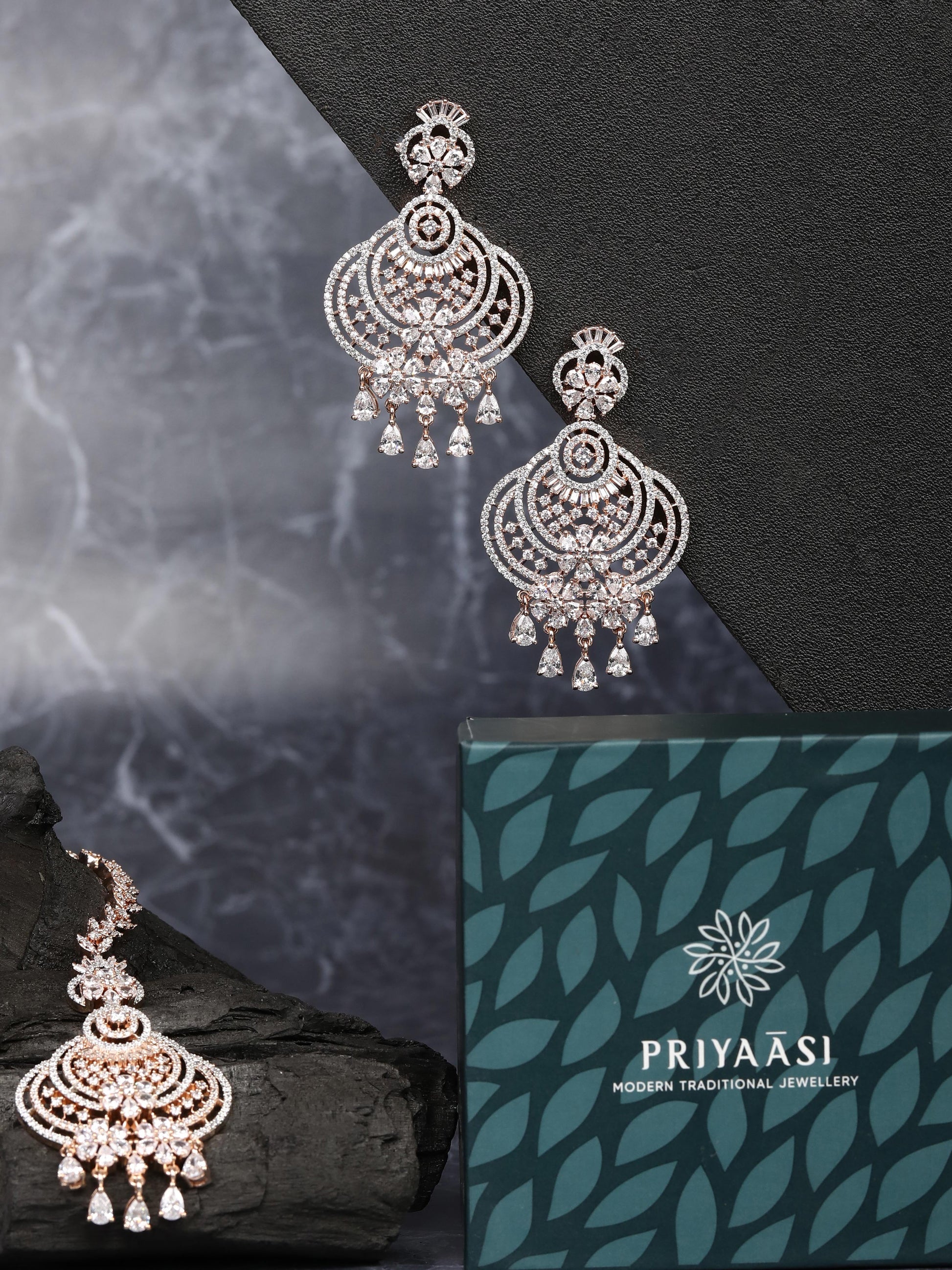 Rose Gold-Plated American Diamond Studded Floral inspired MaangTikka And Earrings Set