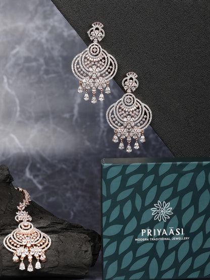 Rose Gold-Plated American Diamond Studded Floral inspired MaangTikka And Earrings Set