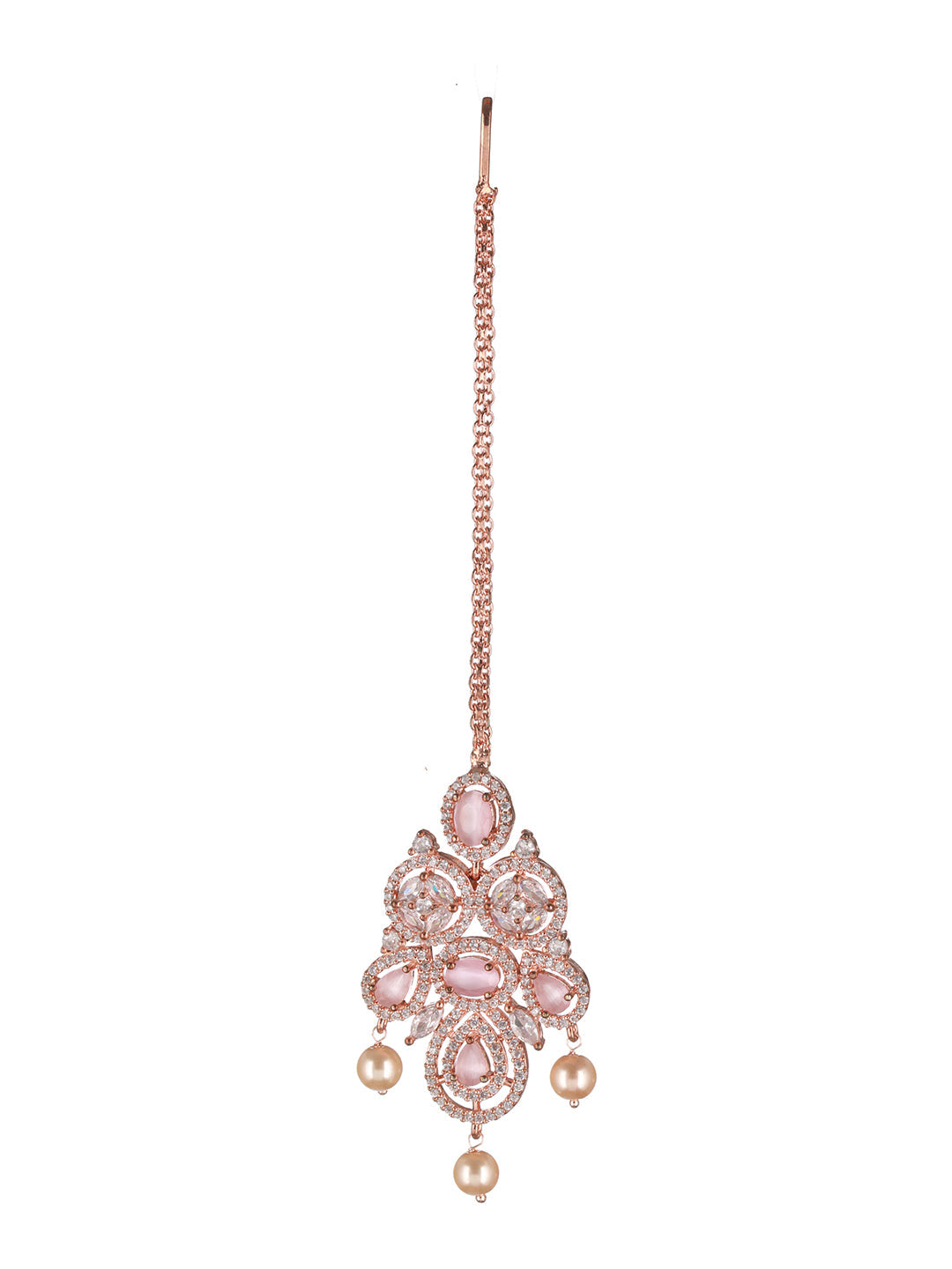 Pink Floral Design American Diamond Rose Gold-Plated Maangtikka