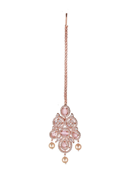 Pink Floral Design American Diamond Rose Gold-Plated Maangtikka