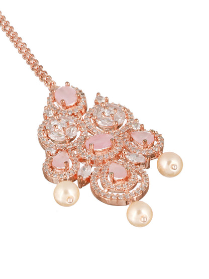 Pink Floral Design American Diamond Rose Gold-Plated Maangtikka
