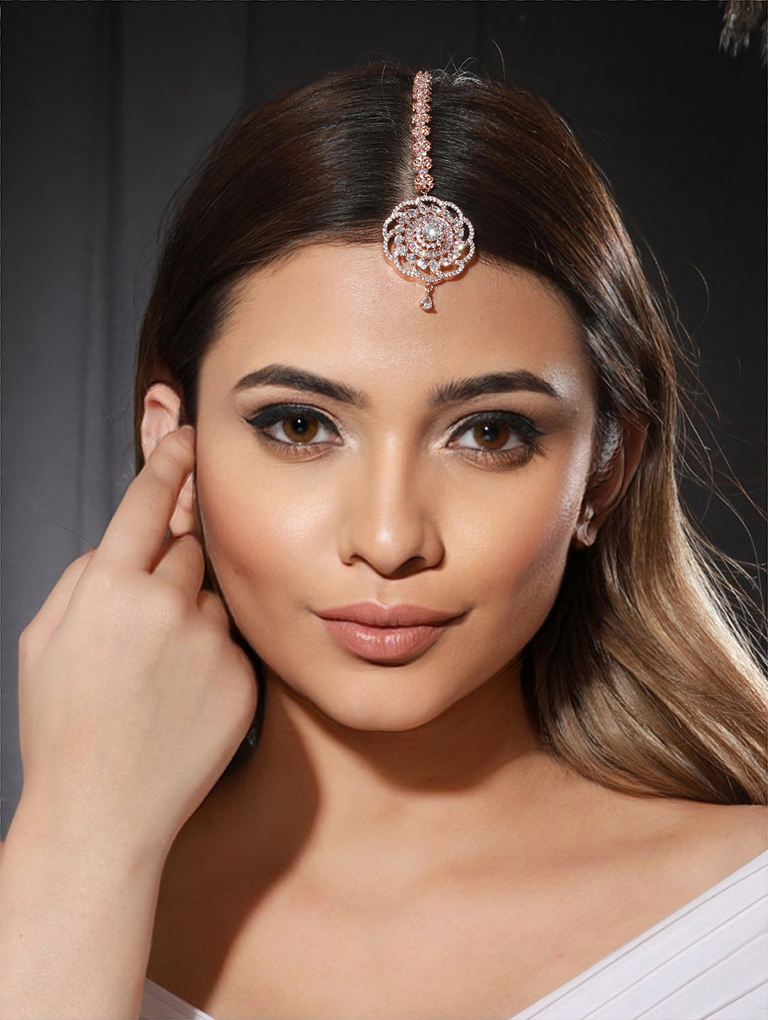 Floral American Diamond Rose Gold-Plated Maangtikka
