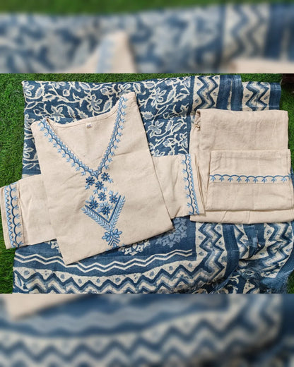 Elegant Handloom Cotton Embroidered Kurta Set with Dupatta