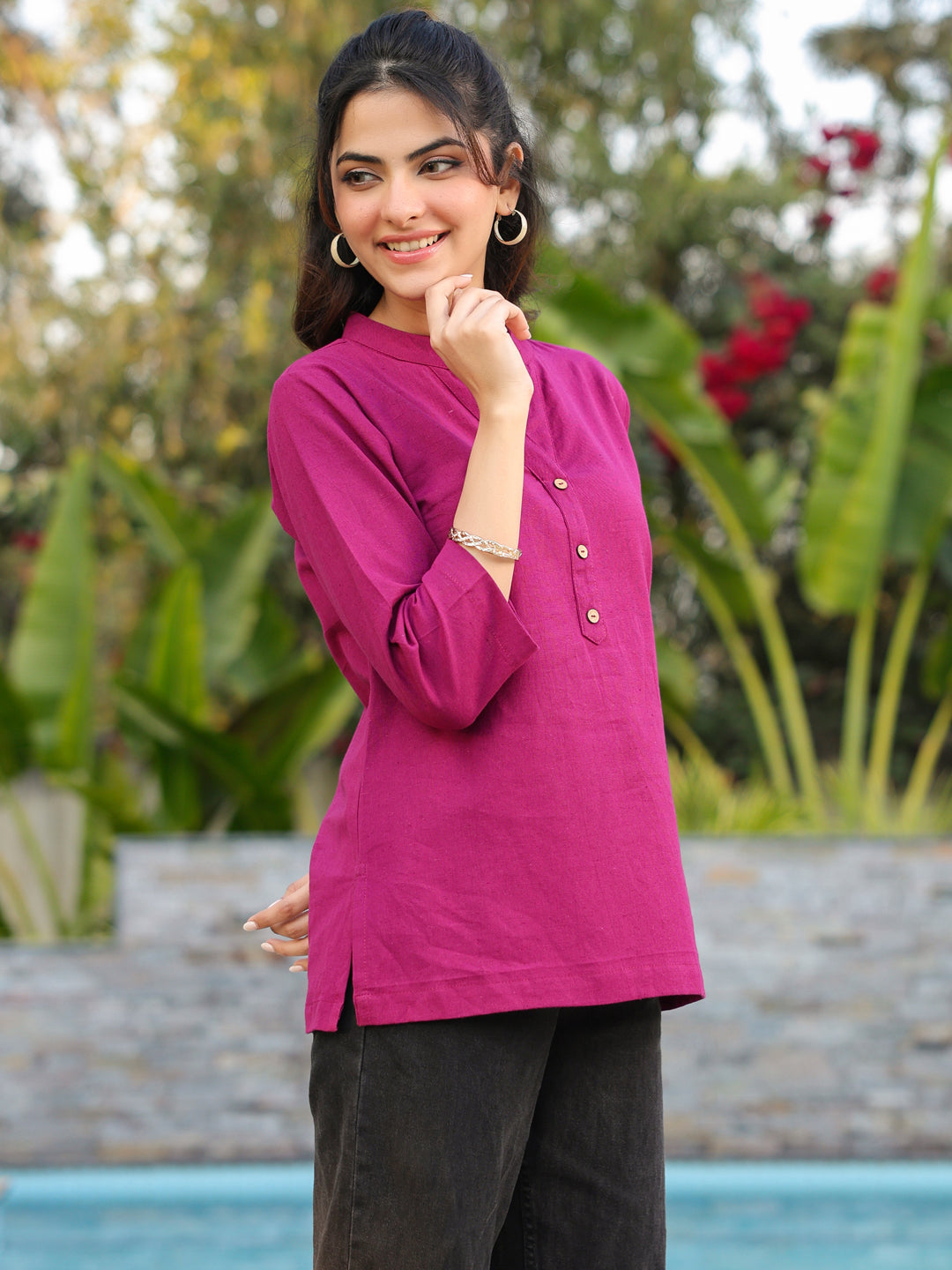 Magenta mandarin collar ethnic top