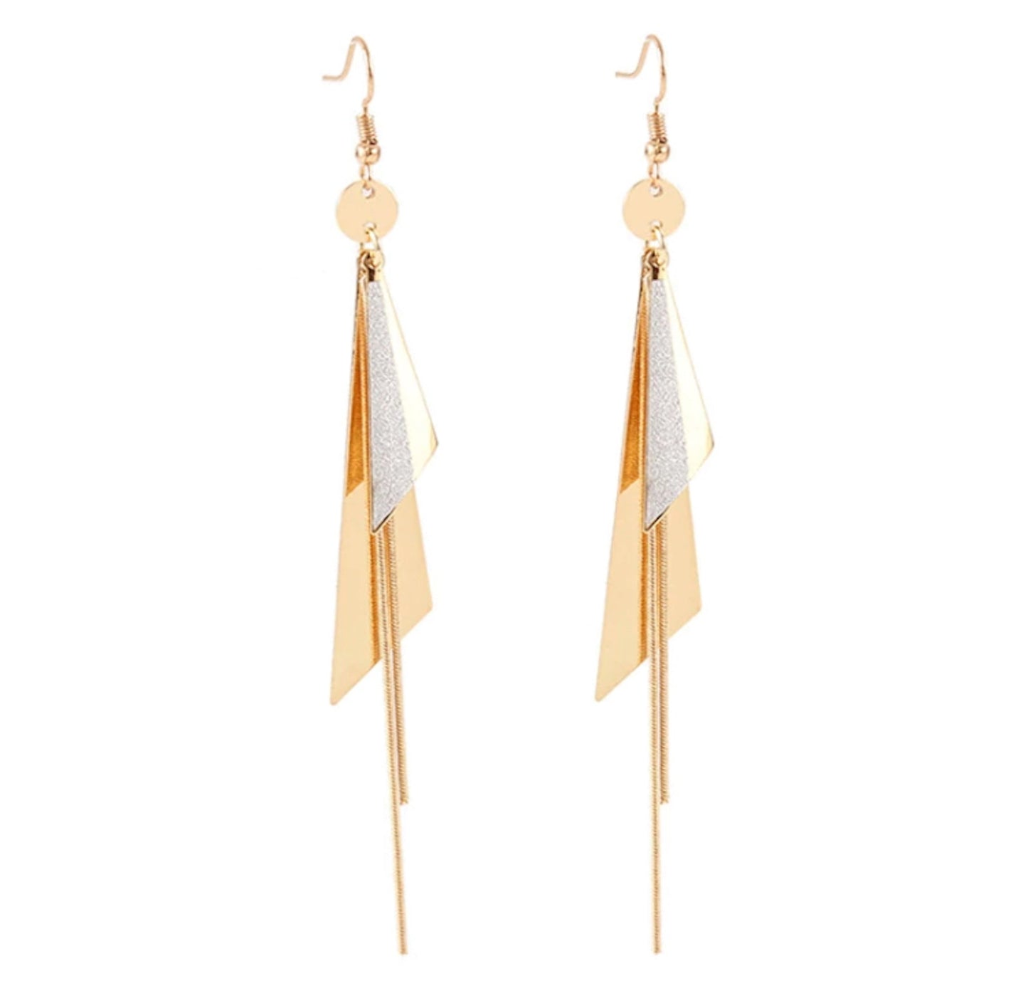 Gold Plated Geometric Triangle Long Tassel Drop Earrings for Women and Girls, Copper Triangular Drop Golden Danglers with Metal Chain