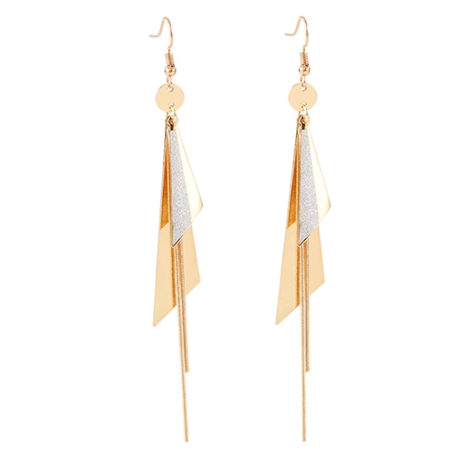 Gold Plated Geometric Triangle Long Tassel Drop Earrings for Women and Girls, Copper Triangular Drop Golden Danglers with Metal Chain