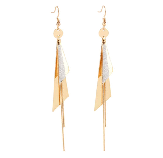 Gold Plated Geometric Triangle Long Tassel Drop Earrings for Women and Girls, Copper Triangular Drop Golden Danglers with Metal Chain