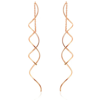 Spiral Threader Earrings for Women, Twisted Spiral Drop Dangle Earrings, Unique Minimal Everyday Earrings (Rose Gold)