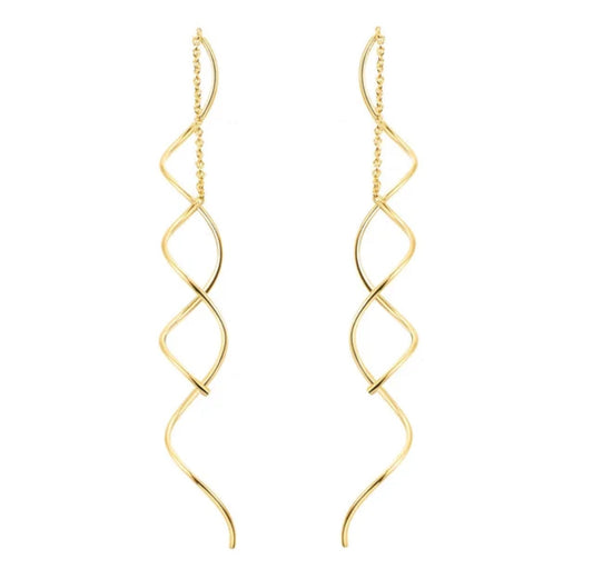 Spiral Threader Earrings for Women, Twisted Spiral Drop Dangle Earrings, Unique Minimal Everyday Earrings (Gold)