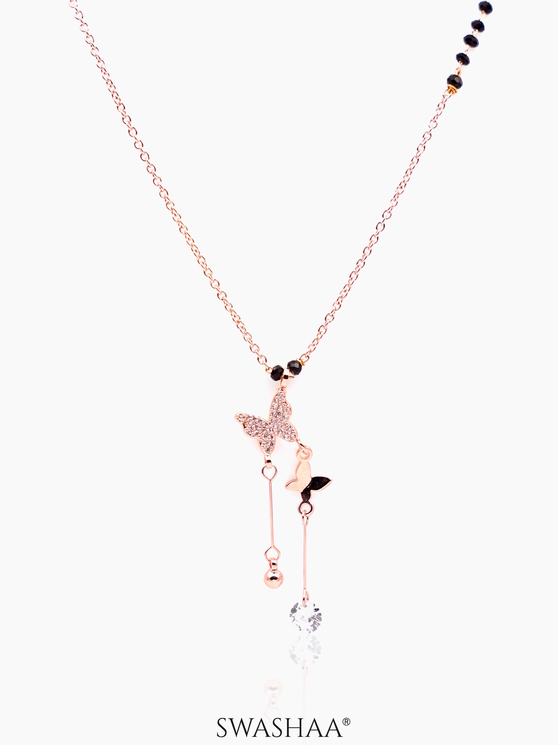 Maithili Butterfly Charm Hanging Diamond Rosegold Plated Pendant Mangalsutra