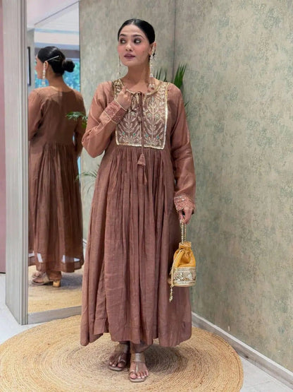 Mal Chanderi Flair Work Kurti Pant Dupatta Set (Ready to Wear) Ethenika.com