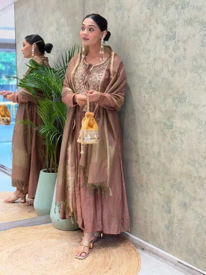 Mal Chanderi Flair Work Kurti Pant Dupatta Set (Ready to Wear) Ethenika.com