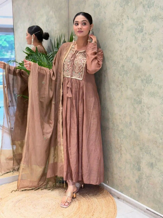 Mal Chanderi Flair Work Kurti Pant Dupatta Set (Ready to Wear) Ethenika.com