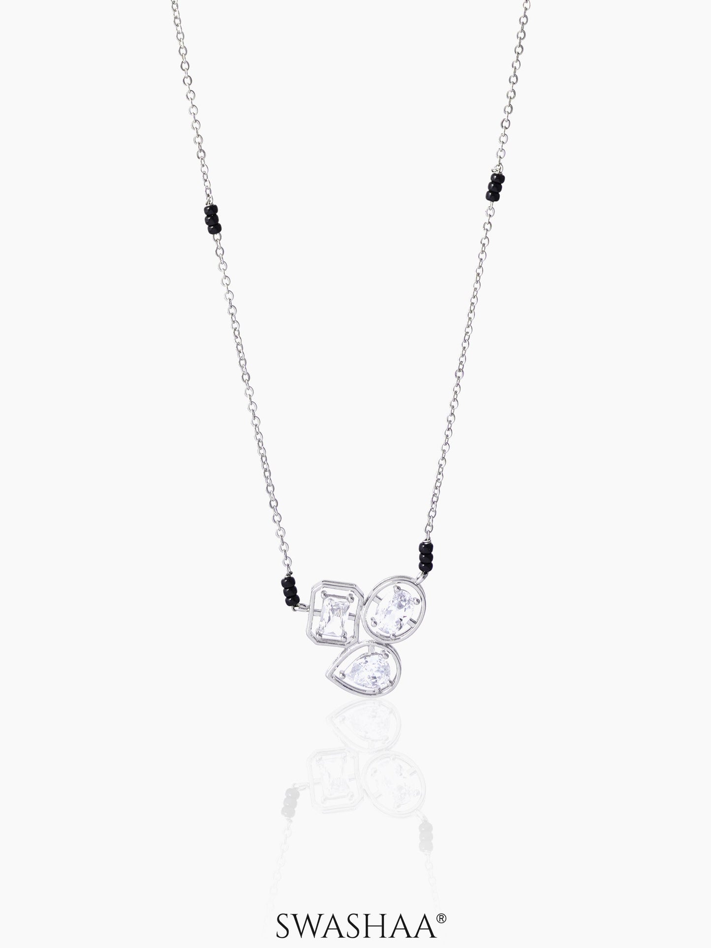 Malti Crystal Cut Diamond Pear Emerald Round Solitaire Silver Mangalsutra