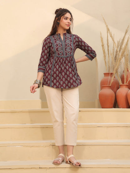 Mandarin Neck Red Cotton Top