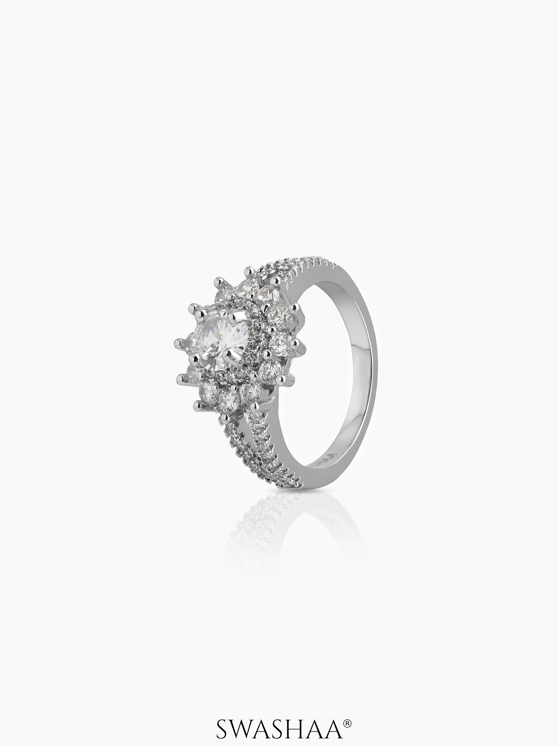Marivelle Flora Sun Round Silver Diamond Solitaire Women's Ring