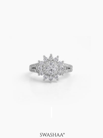 Marivelle Flora Sun Round Silver Diamond Solitaire Women's Ring