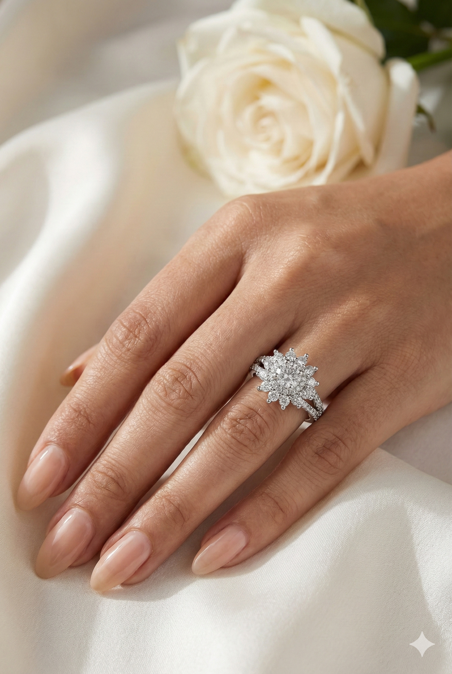 Marivelle Flora Sun Round Silver Diamond Solitaire Women's Ring
