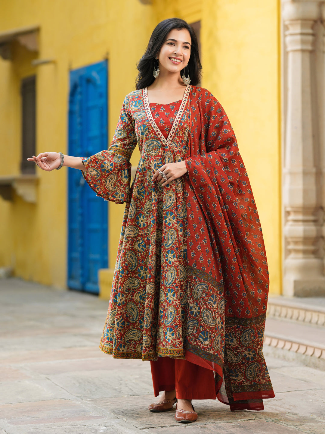 Maroon printed cotton kurta set with dupatta