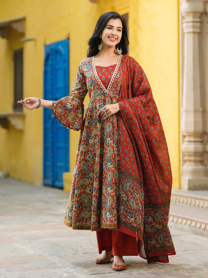 Maroon printed cotton kurta set with dupatta