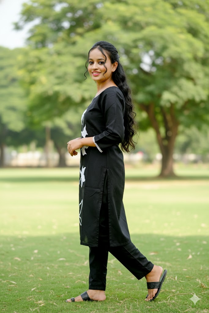 Black With White Chinon Floral Kurti For Women & Girls
