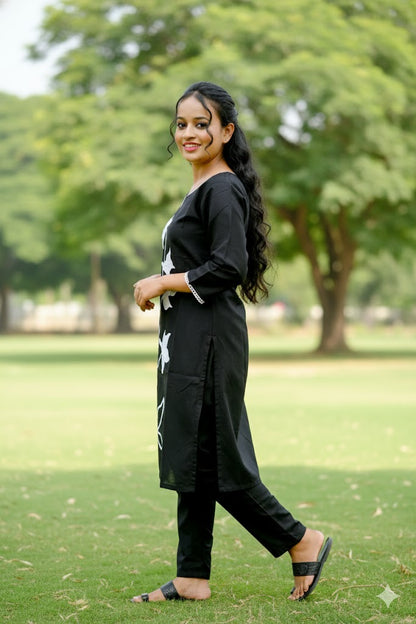 Black With White Chinon Floral Kurti For Women & Girls