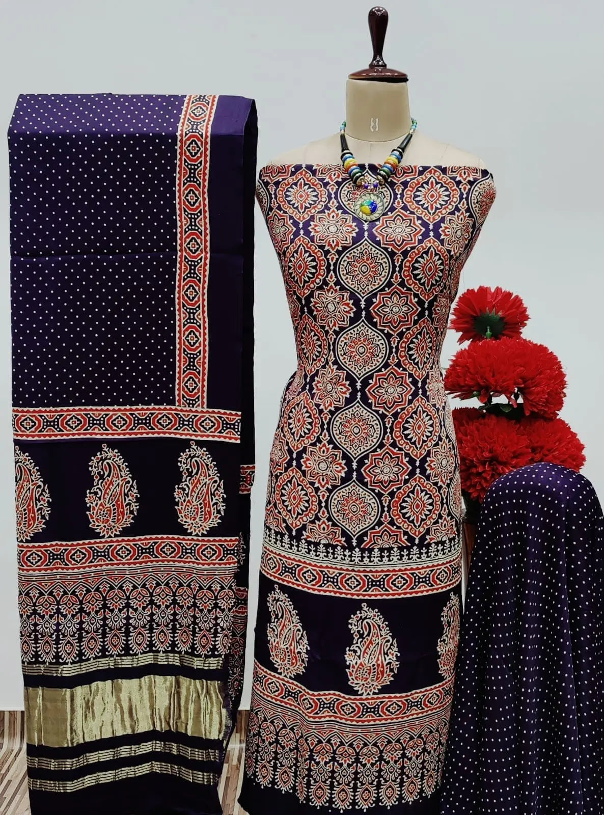 Modal Ghazi Silk Original Hand Blocked Ajrakh Print Dress Material (Unstitched) Ethenika.com