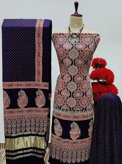 Modal Ghazi Silk Original Hand Blocked Ajrakh Print Dress Material (Unstitched) Ethenika.com