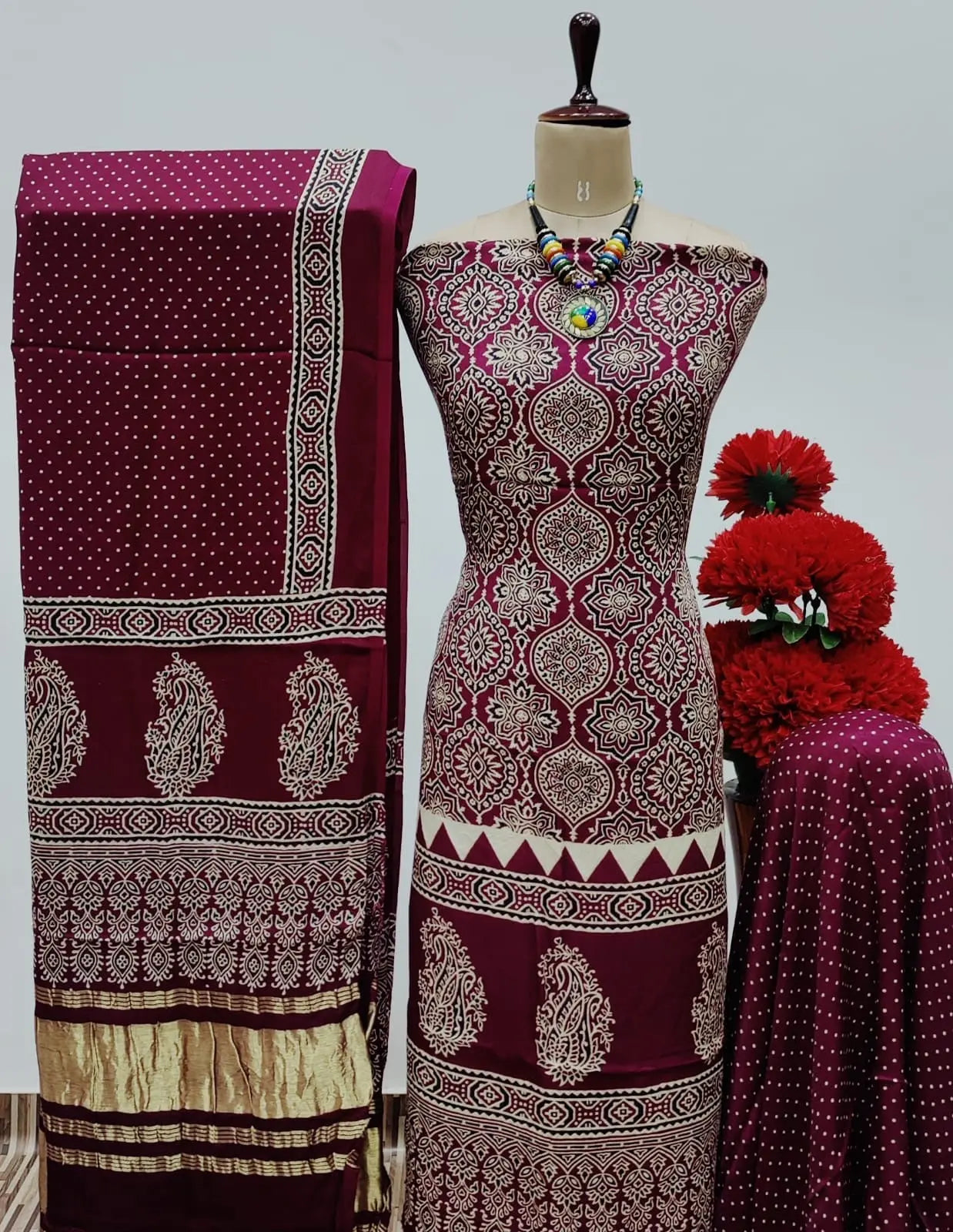 Modal Ghazi Silk Original Hand Blocked Ajrakh Print Dress Material (Unstitched) Ethenika.com