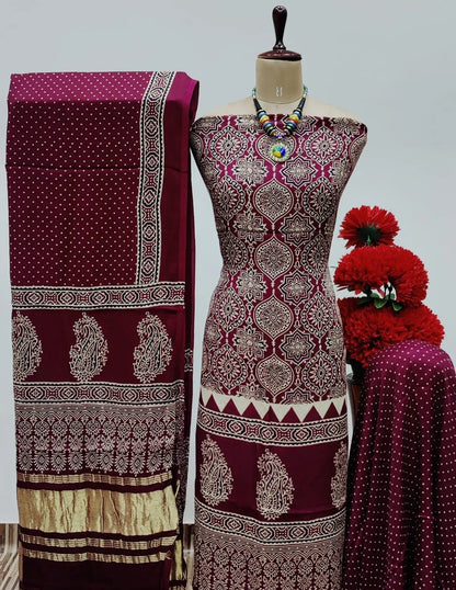 Modal Ghazi Silk Original Hand Blocked Ajrakh Print Dress Material (Unstitched) Ethenika.com