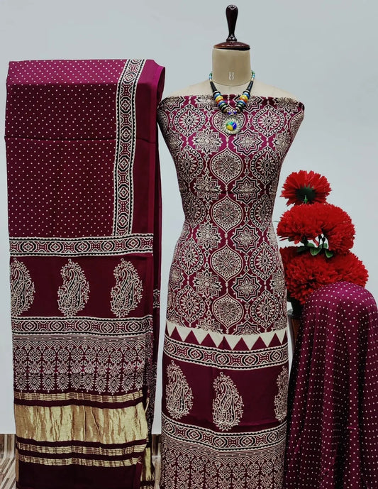 Modal Ghazi Silk Original Hand Blocked Ajrakh Print Dress Material (Unstitched) Ethenika.com