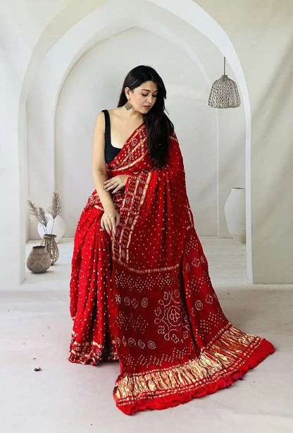 Modal Silk Authentic Kutchi Hand Bandhej Work Chex Border Silk Bandhani Saree Ethenika.com