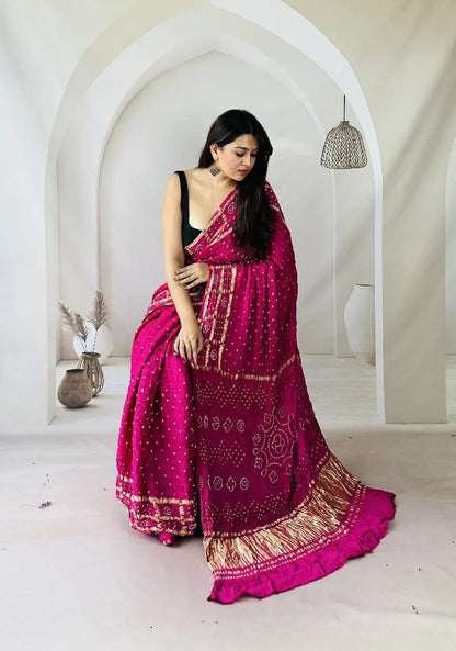 Modal Silk Authentic Kutchi Hand Bandhej Work Chex Border Silk Bandhani Saree Ethenika.com