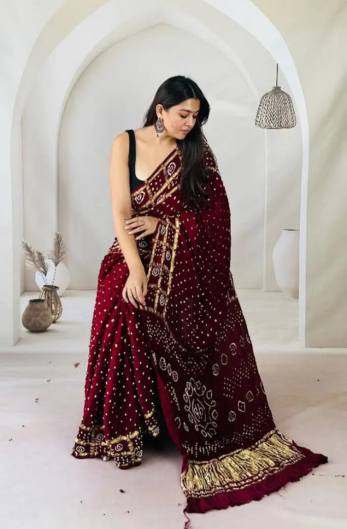 Modal Silk Authentic Kutchi Hand Bandhej Work Chex Border Silk Bandhani Saree Ethenika.com