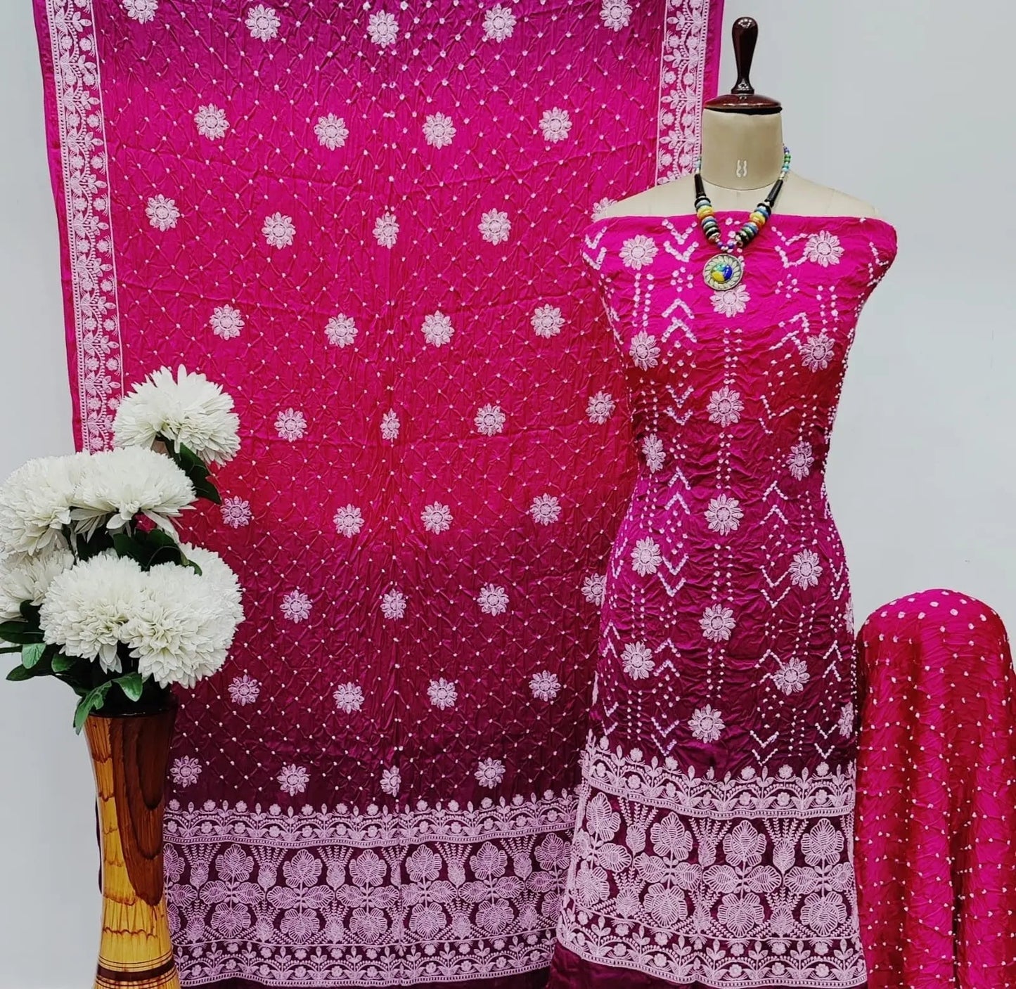 Modal Silk Lakhnavi Thread Work Bandhani Dress Material Ethenika.com