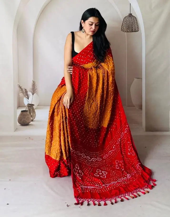 Modal Silk Multi Color Hand Crafted Jamnagar Silk Bandhani Saree Ethenika.com